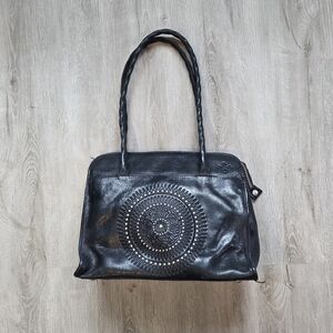 Patricia Nash Black Tooled Leather Shoulder Bag with Embossed Medallion 10 X 13